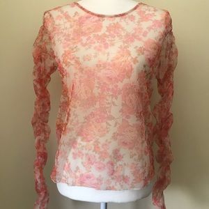 Zara Sz M floral long sheer ruched sleeve in peach NWT